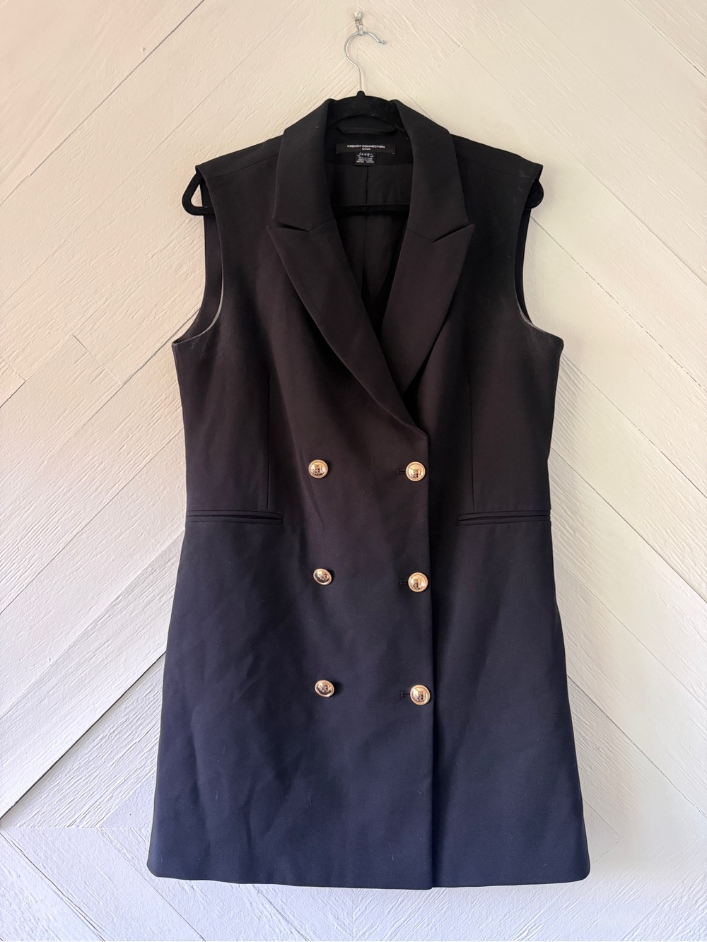 French Connection Black Sleeveless Double-Breasted Mini Dress with Gold Buttons